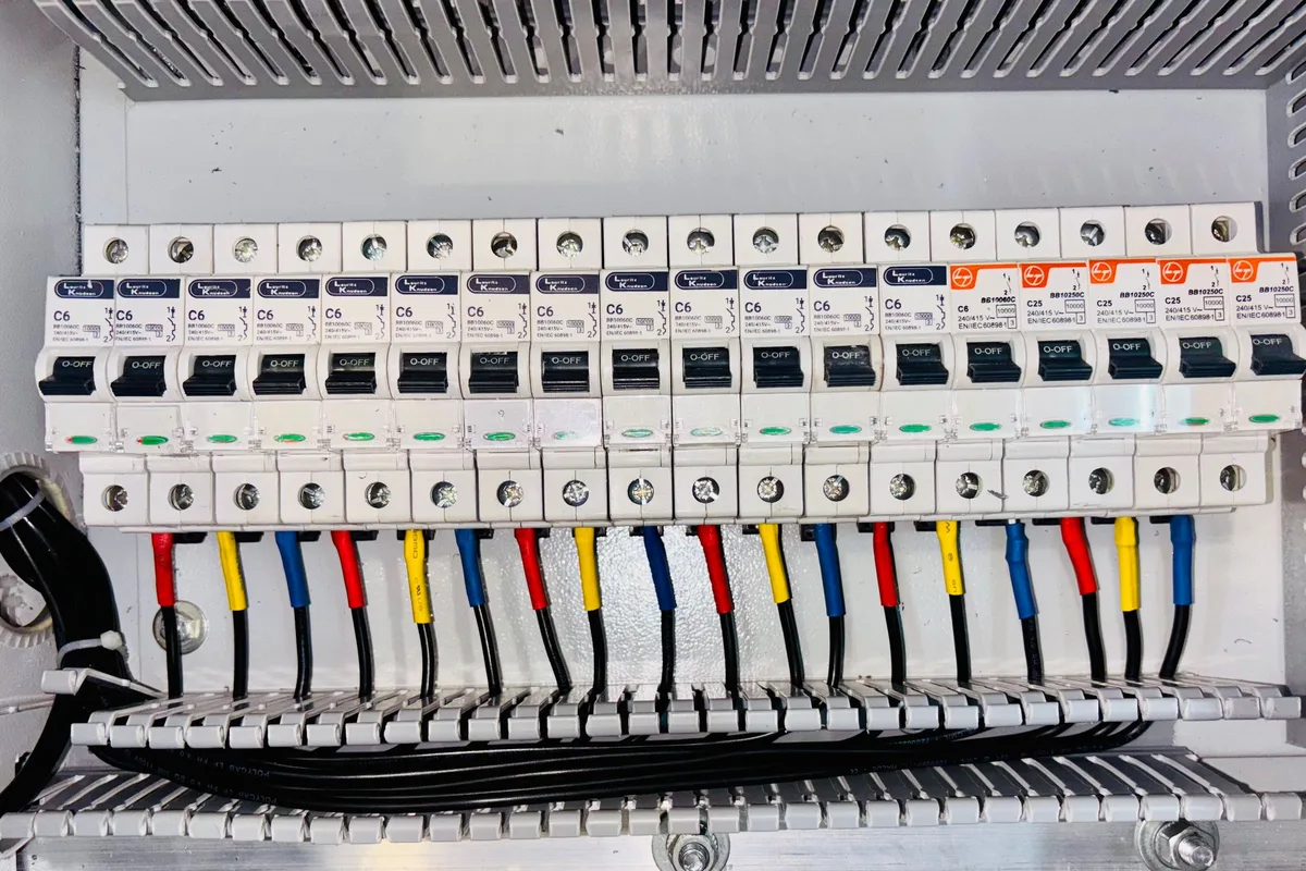 Neatly wired rows of circuit breakers in a panel